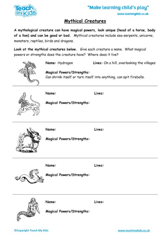 Worksheets for kids - mythical-creatures